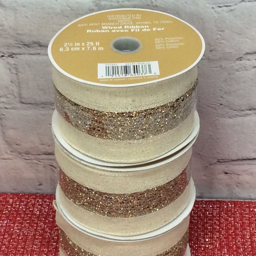 Celebrate it Christmas Ribbon 3 Rolls Burlap w/Gold Glitter Stripe 2.5” x 25’ Ea - Picture 6 of 6